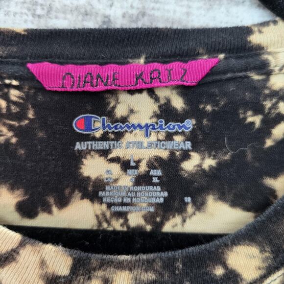 Champion Shirt Womens Large Black Tan Tie Dye Long Sleeve Crewneck Grunge Bleach - Picture 4 of 9